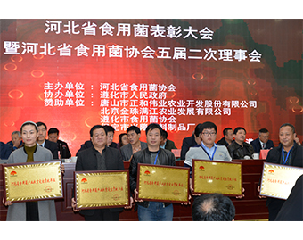遵化市億昌食用菌科技有限公司被授予“河北省食用菌產業(yè)扶貧突出貢獻單位”榮譽，張東平（中）接授牌匾